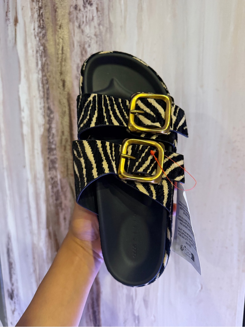 ASOS Black and Cream Zebra-Print Slide Sandals with Gold Buckles - Picture 5 of 5